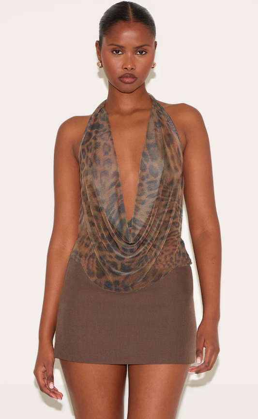 Karawitage Brown Mesh Printed Halter Neck Top