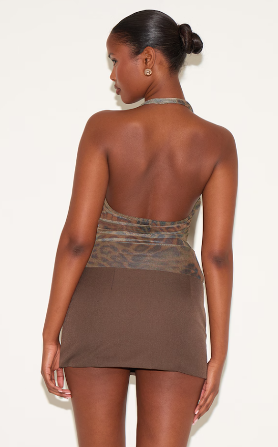 Karawitage Brown Mesh Printed Halter Neck Top