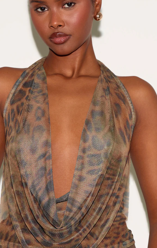Karawitage Brown Mesh Printed Halter Neck Top